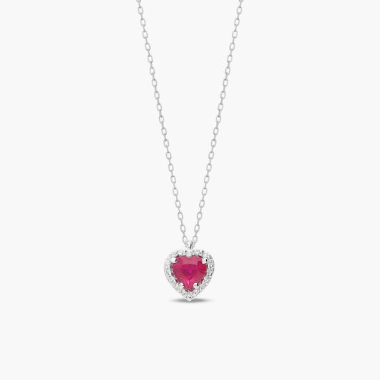Collar corazón de oro blanco 18K diamante natural 0.08 ct. rubí 5 mm LOVE RUBY