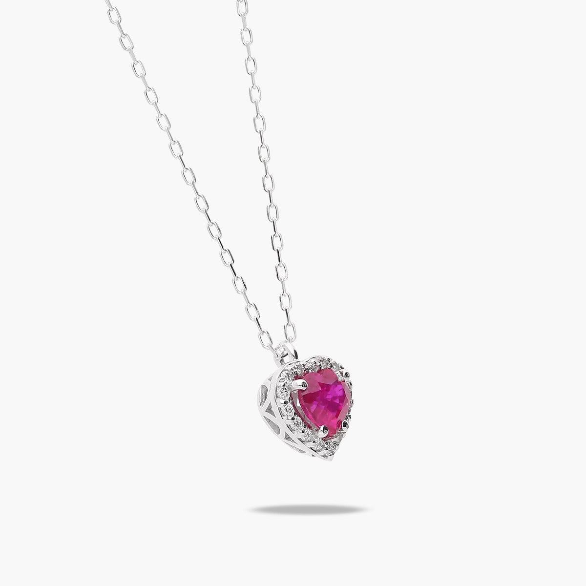 Collar corazón de oro blanco 18K diamante natural 0.08 ct. rubí 5 mm LOVE RUBY