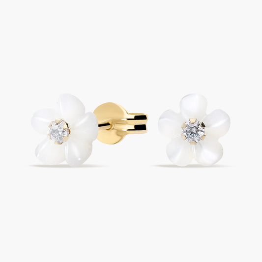 Pendientes flor de oro 18K circonita y nácar 6 mm