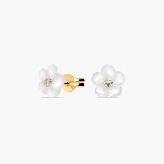 Pendientes flor de oro 18K circonita y nácar 8 mm