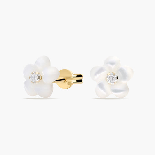 Pendientes flor de oro 18K circonita y nácar 8 mm