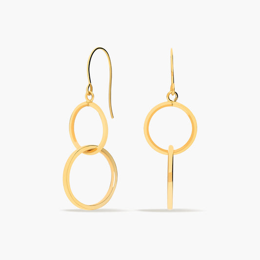Pendientes largos doble círculo de oro 18K 31 mm