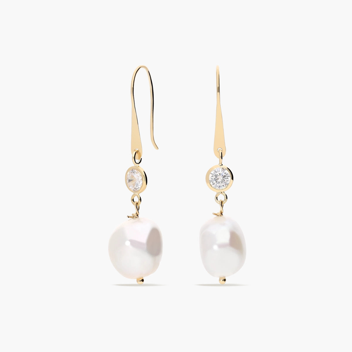 Pendientes largos de oro 18K con perlas y circonita 35 mm