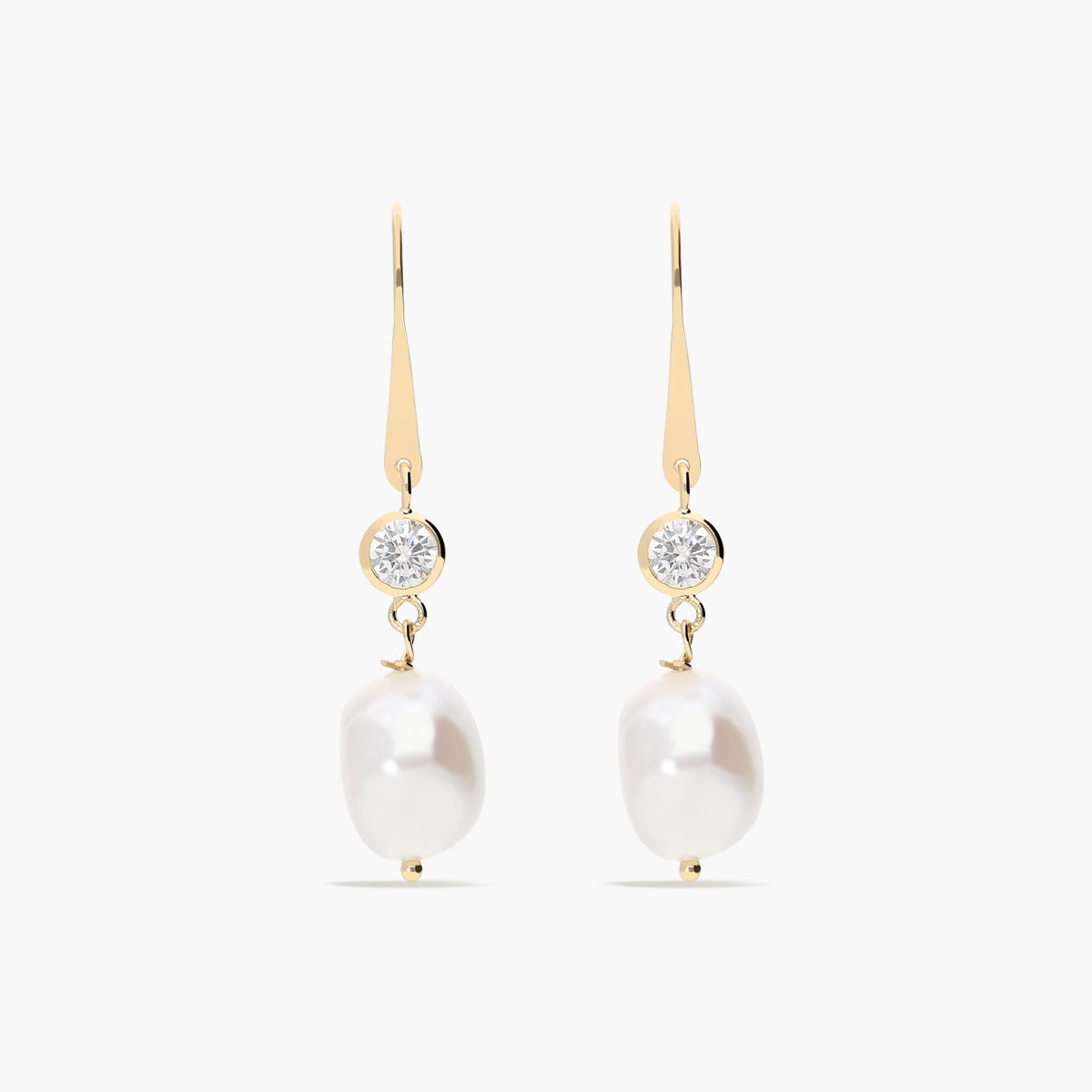 Pendientes largos de oro 18K con perlas y circonita 35 mm