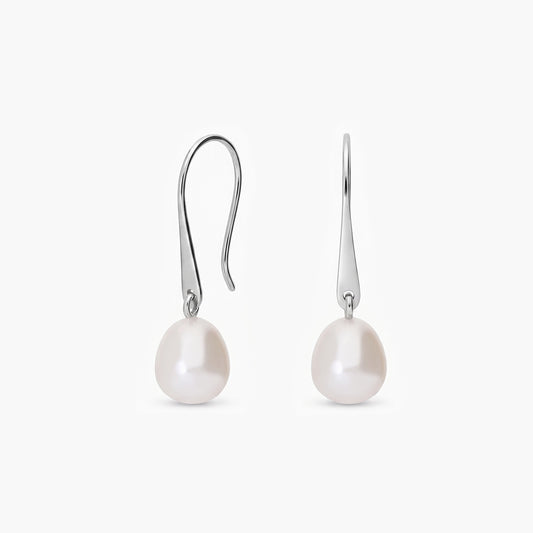 Pendientes largos de oro blanco 18K con perlas 25 mm