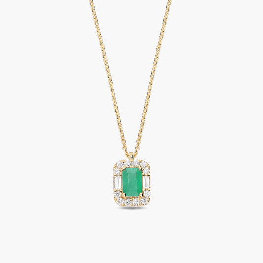 Collar de oro 18K diamante natural 0.08 ct. esmeralda 10 mm GATSBY