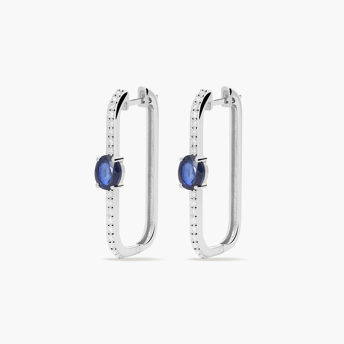 Pendientes largos forma rectangular de oro blanco 18K diamante natural 0.27 ct. zafiro 26 mm