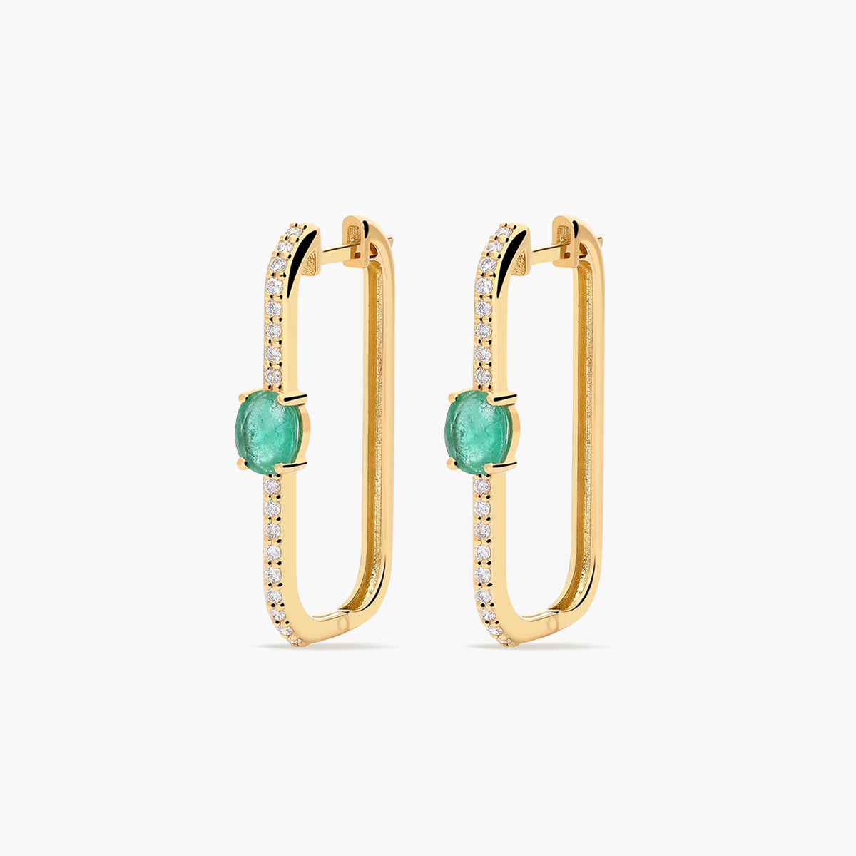 Pendientes largos forma rectangular de oro 18K diamante natural 0.27 ct. esmeralda 26 mm