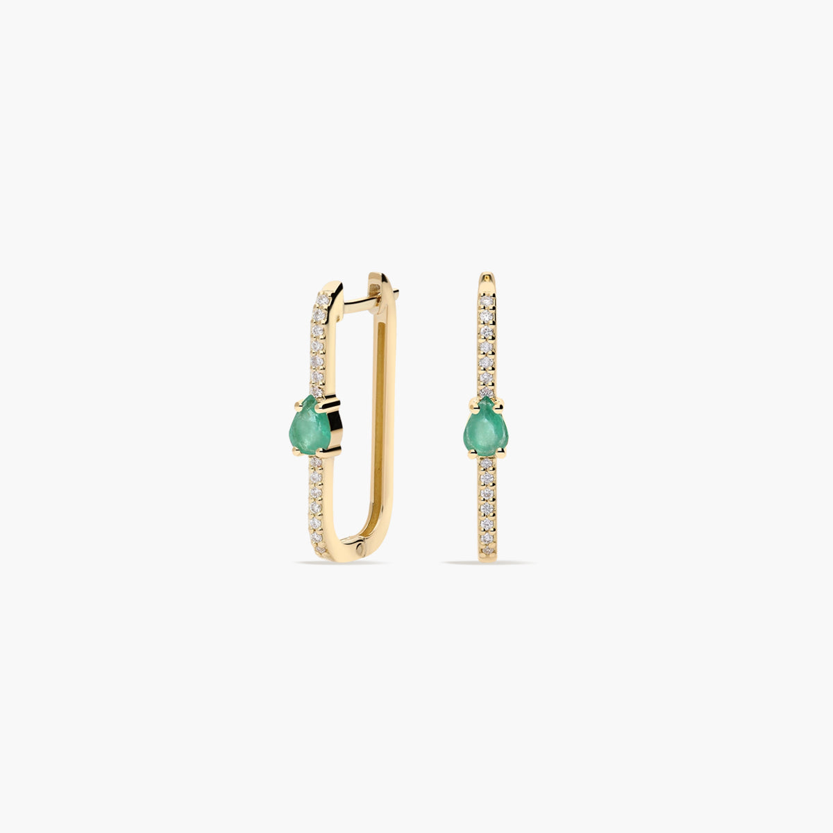 Pendientes largos forma rectangular de oro 18K diamante natural 0.27 ct. esmeralda 20 mm