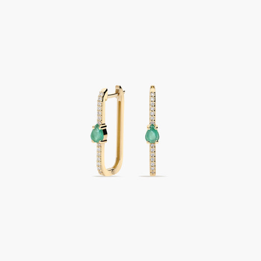 Pendientes largos forma rectangular de oro 18K diamante natural 0.27 ct. esmeralda 20 mm