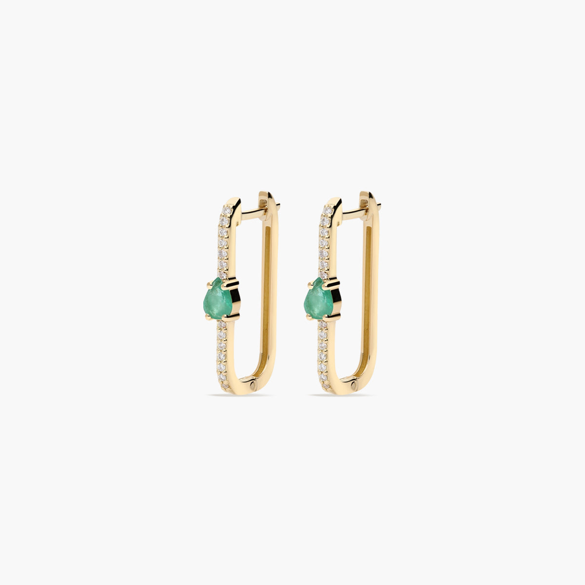 Pendientes largos forma rectangular de oro 18K diamante natural 0.27 ct. esmeralda 20 mm