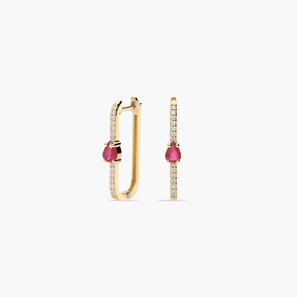 Pendientes largos forma rectangular de oro 18K diamante natural 0.27 ct. rubí 20 mm
