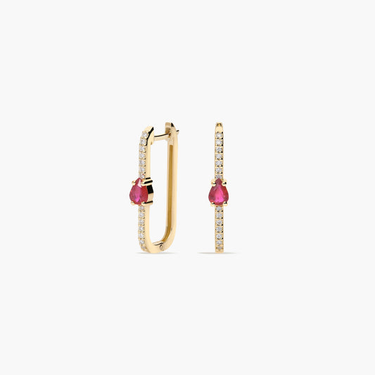 Pendientes largos forma rectangular de oro 18K diamante natural 0.27 ct. rubí 20 mm