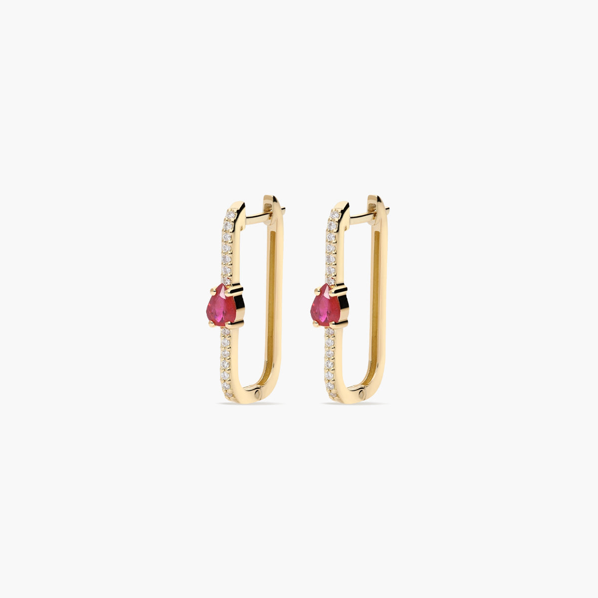 Pendientes largos forma rectangular de oro 18K diamante natural 0.27 ct. rubí 20 mm