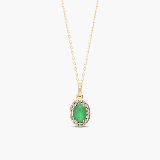 Collar de oro 18K diamante natural 0.08 ct. esmeralda 8 mm