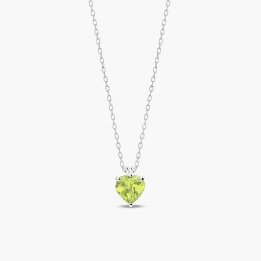 Collar corazón de oro blanco 18K diamante natural 0.02 ct. 6 mm peridoto