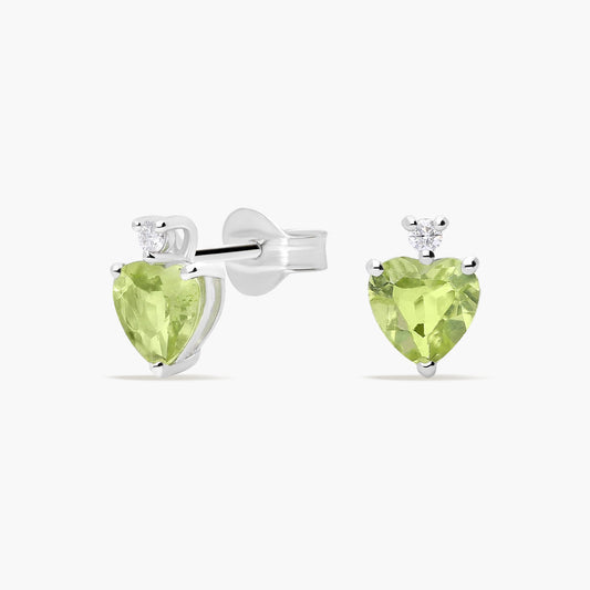 Pendientes corazón de oro blanco 18K diamante natural 0.03 ct. peridoto 5 mm