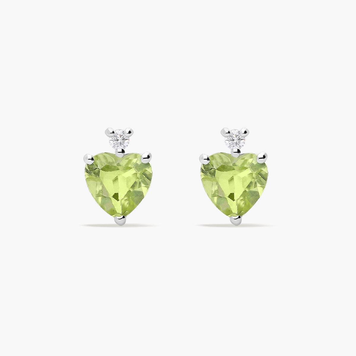 Pendientes corazón de oro blanco 18K diamante natural 0.03 ct. peridoto 5 mm