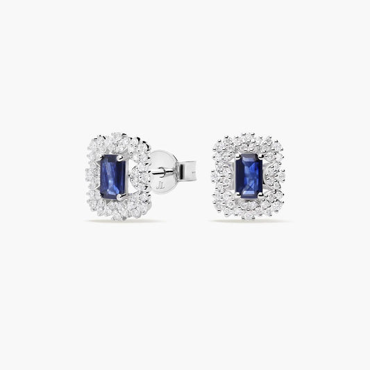 Pendientes de oro blanco 18K diamante natural 0.08 ct. zafiro 10 mm JAIPUR CELESTIA