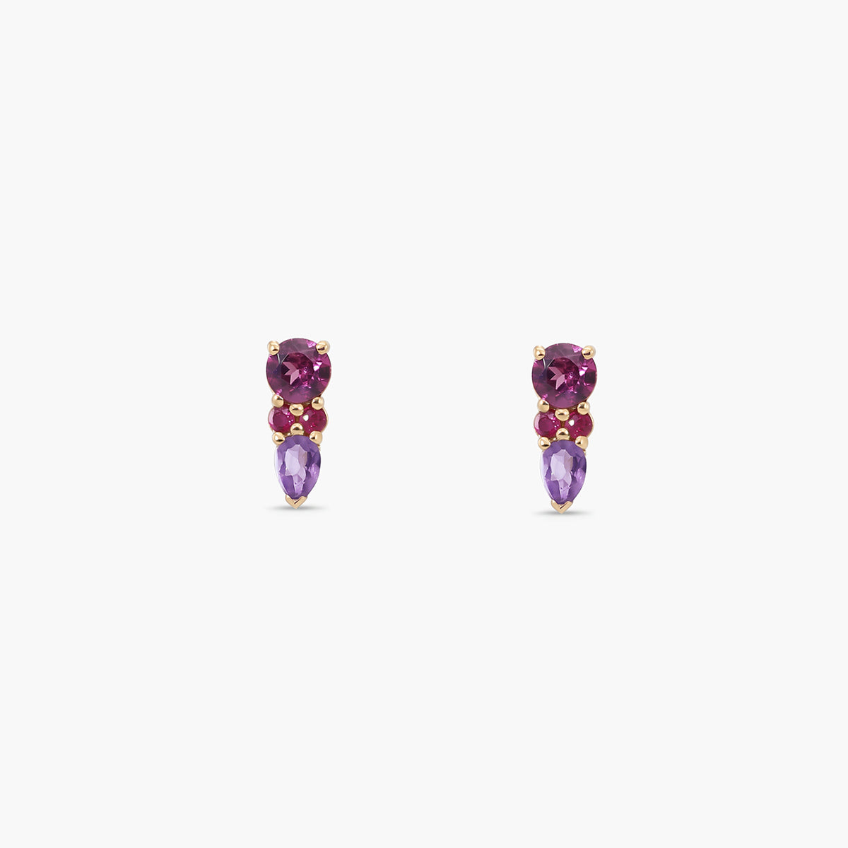 Pendientes de oro 18K rubí, rodolita y amatista 8 mm