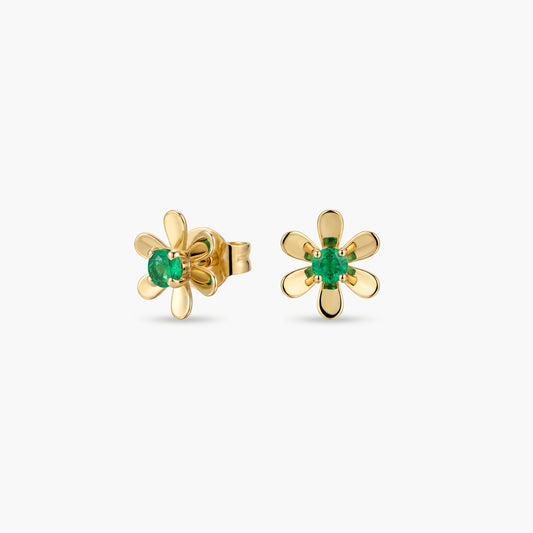 Pendientes flor de oro 18K esmeralda 5 mm