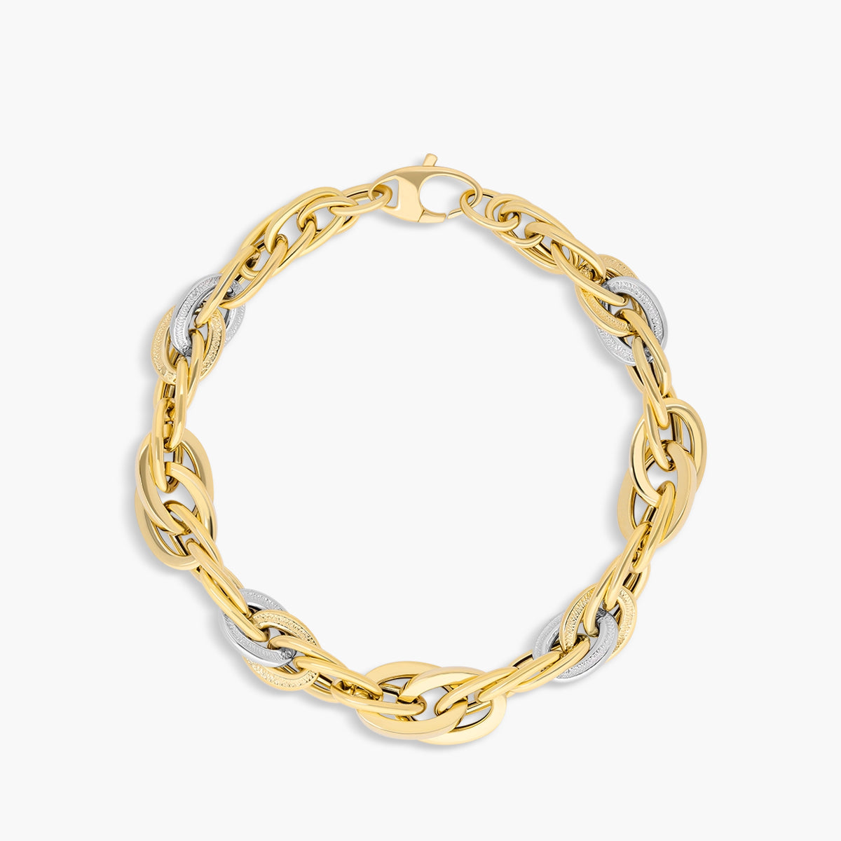 Pulsera de oro bicolor 18K eslabón anillas 20 cm