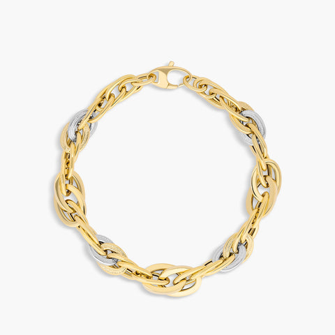 Pulsera de oro bicolor 18K eslabón anillas 20 cm