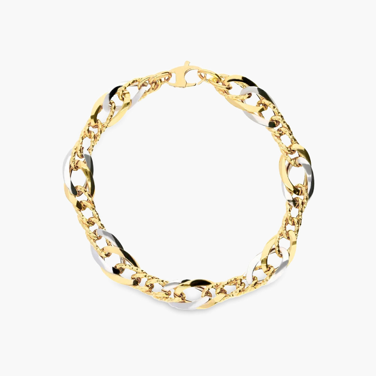 Pulsera de oro bicolor 18K eslabón anillas 19 cm