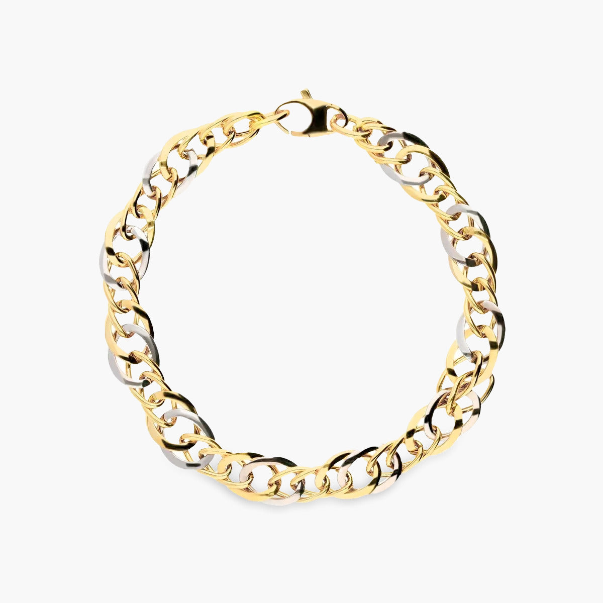 Pulsera de oro bicolor 18K eslabón anillas 19 cm