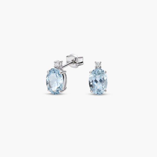 Pendientes de oro blanco 18K diamante natural 0.02 ct. aguamarina 9 mm GLACIER