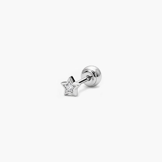 Piercing de oreja de oro blanco 18K diamante natural 0.01 ct. estrella 3 mm