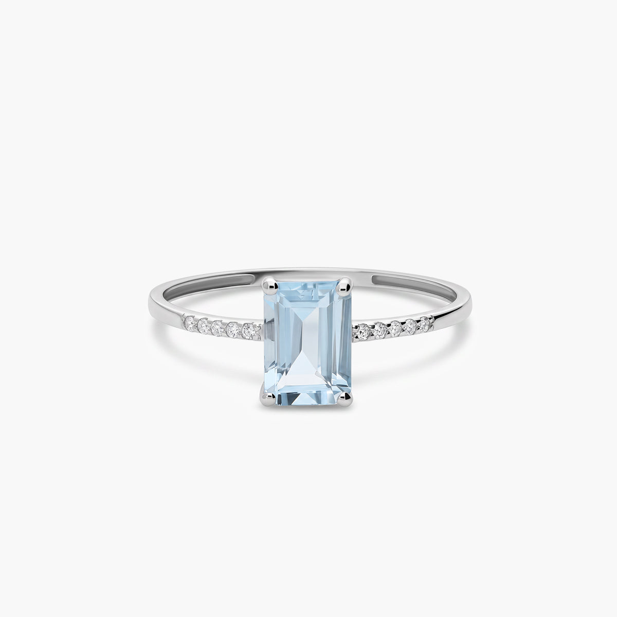 Anillo de oro blanco 18K diamante natural 0.05 ct. aguamarina 7 mm GLACIER