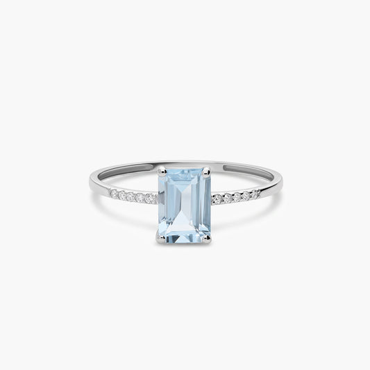 Anillo de oro blanco 18K diamante natural 0.05 ct. aguamarina 7 mm GLACIER