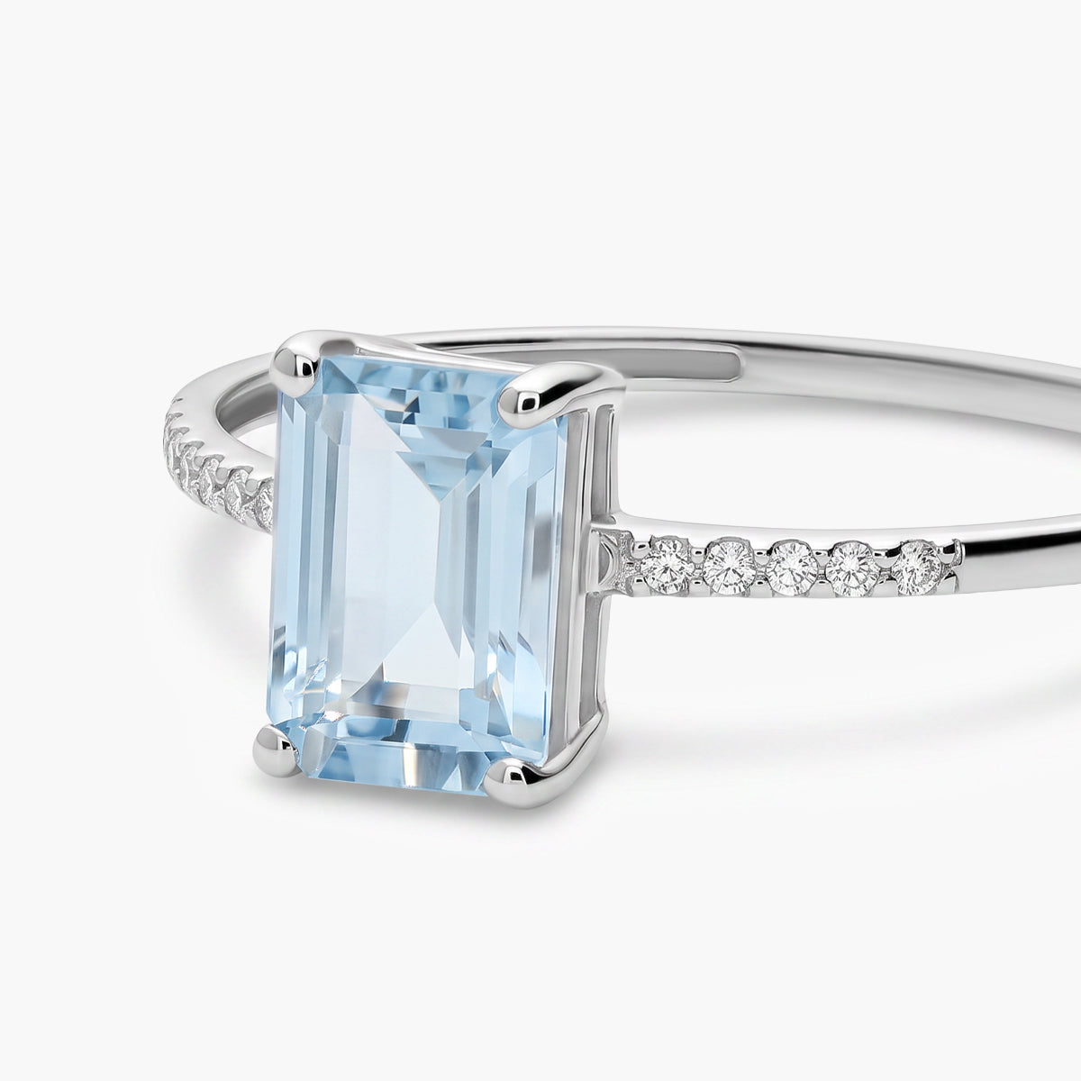 Anillo de oro blanco 18K diamante natural 0.05 ct. aguamarina 7 mm GLACIER