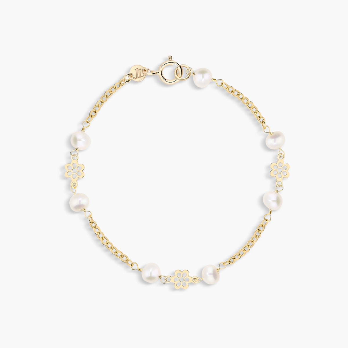 Pulsera infantil de oro 18K con perlas y motivos de flor 13 cm
