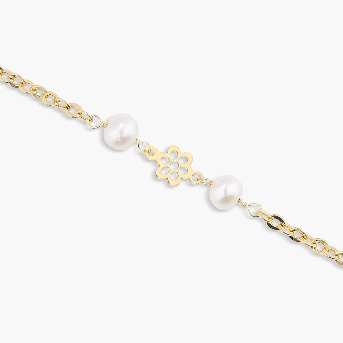 Pulsera infantil de oro 18K con perlas y motivos de flor 13 cm