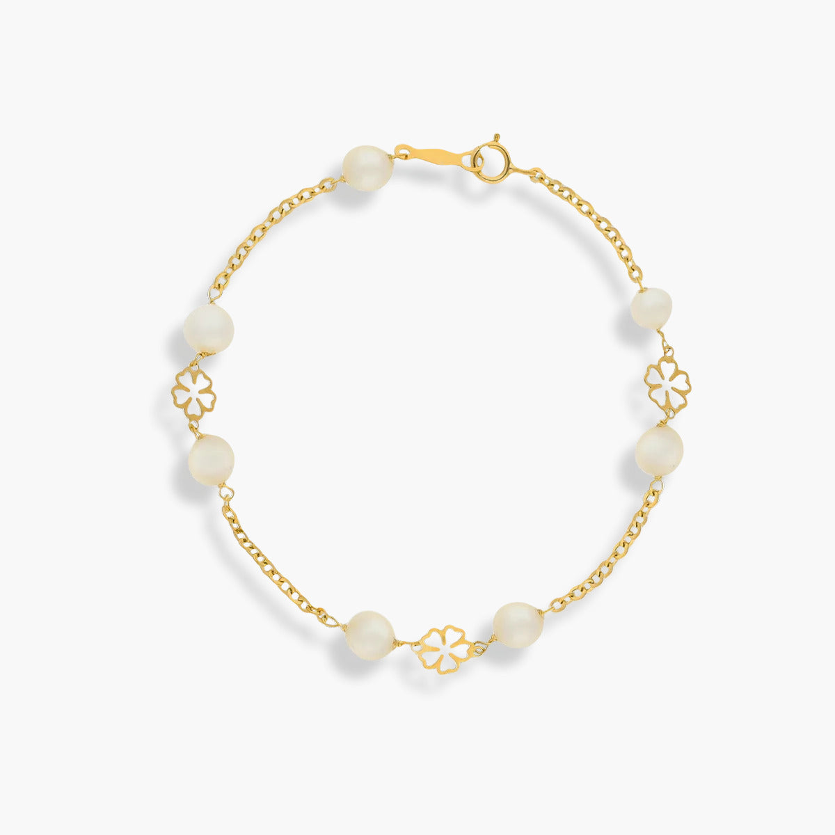 Pulsera infantil de oro 18K con perlas y motivos de flor 17 cm