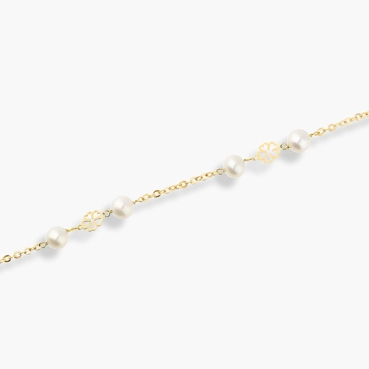 Pulsera infantil de oro 18K con perlas y motivos de flor 17 cm