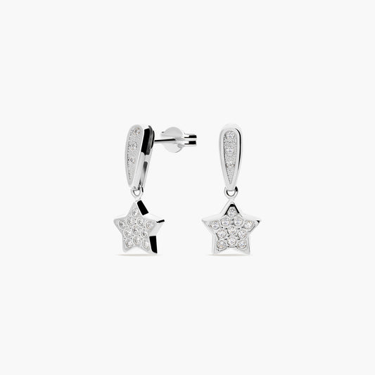 Pendientes largos estrella de oro blanco 18K circonitas 20 mm