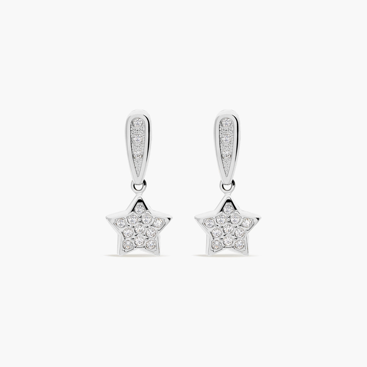 Pendientes largos estrella de oro blanco 18K circonitas 20 mm
