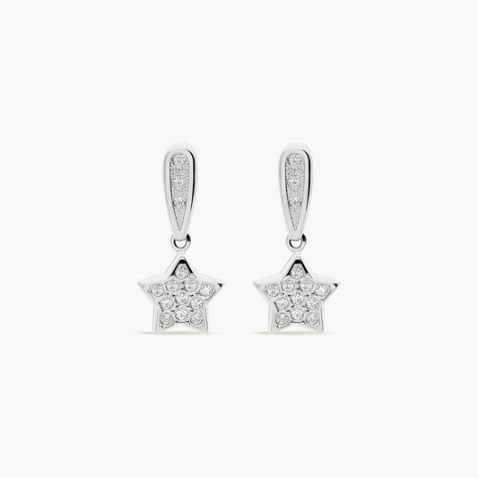 Pendientes largos estrella de oro blanco 18K circonitas 20 mm