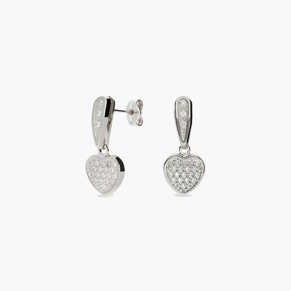 Pendientes largos corazón de oro blanco 18K circonitas 20 mm