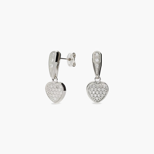 Pendientes largos corazón de oro blanco 18K circonitas 20 mm