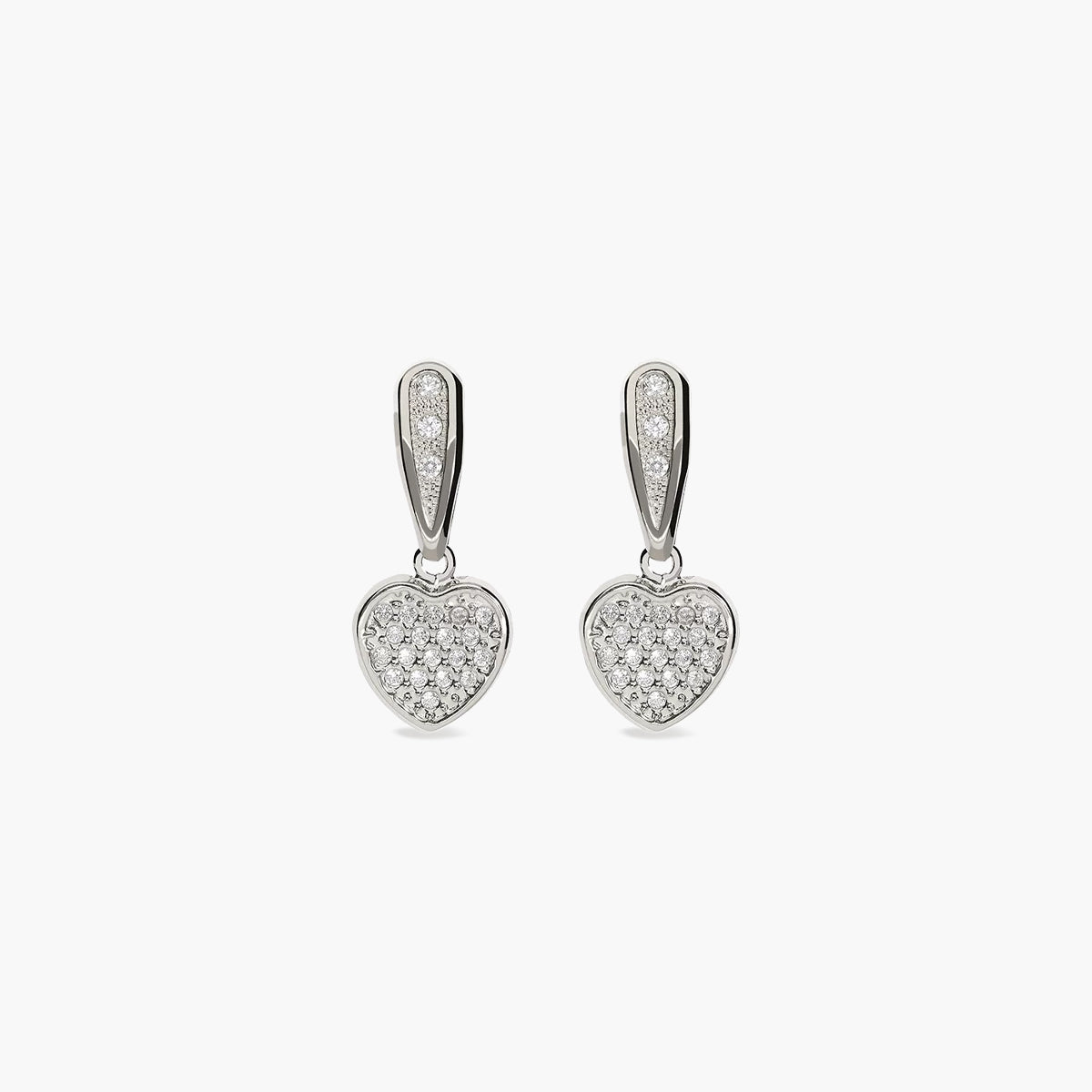 Pendientes largos corazón de oro blanco 18K circonitas 20 mm