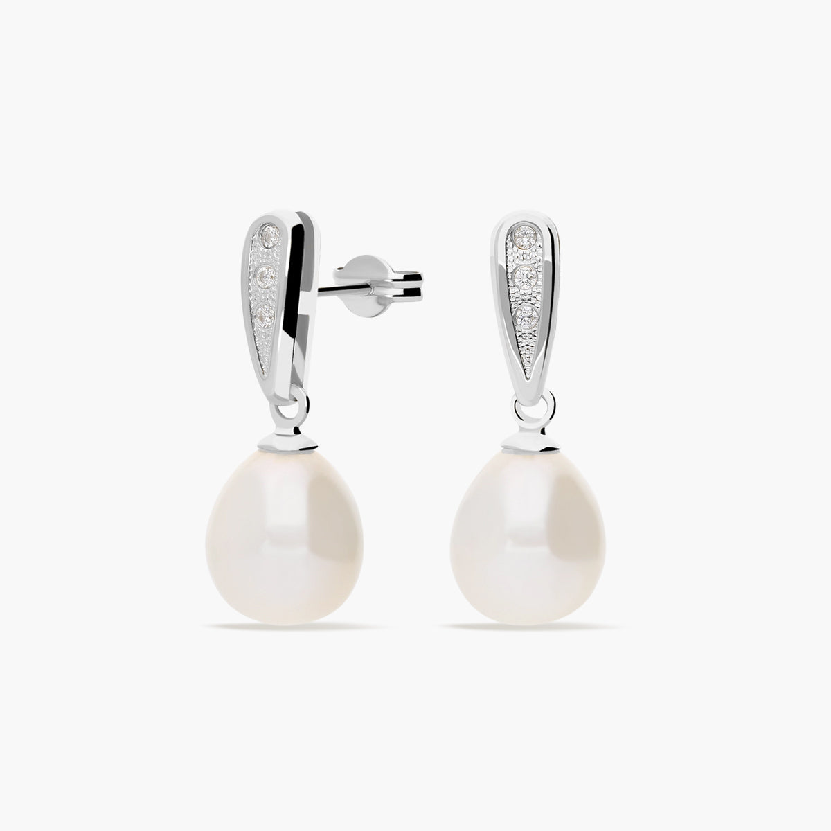 Pendientes largos de oro blanco 18K con perlas y circonitas 23 mm