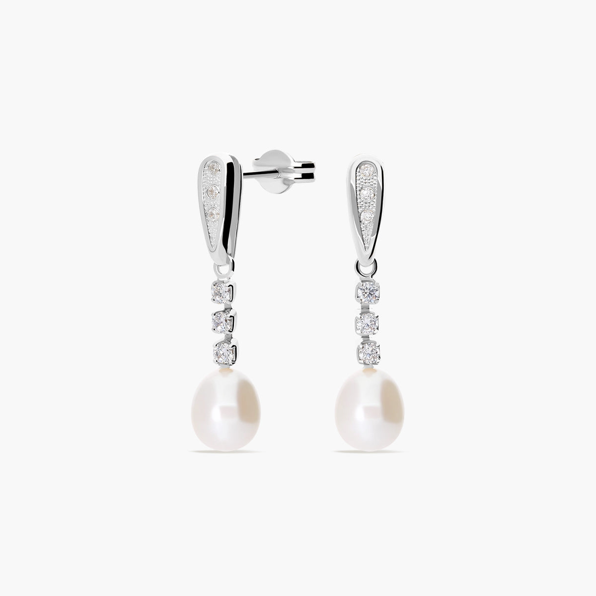 Pendientes largos de oro blanco 18K con perlas y circonitas 30 mm