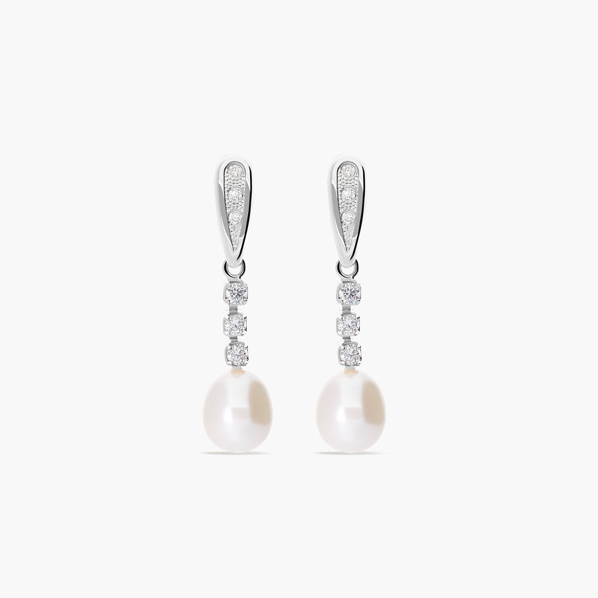 Pendientes largos de oro blanco 18K con perlas y circonitas 30 mm
