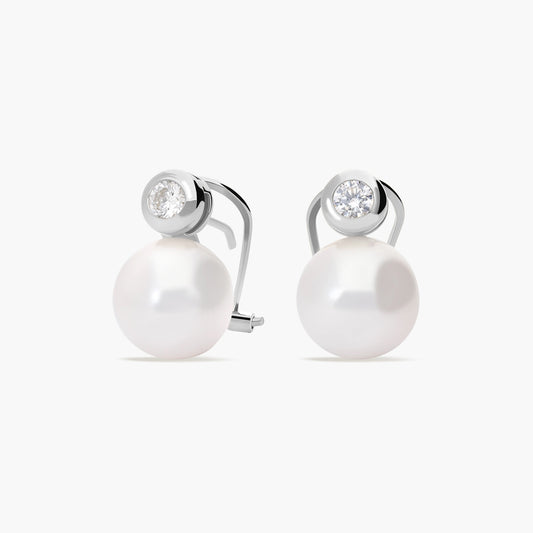 Pendientes de oro blanco 18K con perlas y circonitas 14 mm