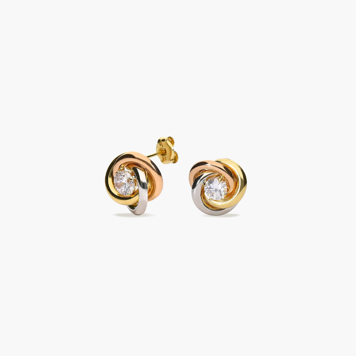 Pendientes nudo de oro bicolor 18K circonitas 12 mm