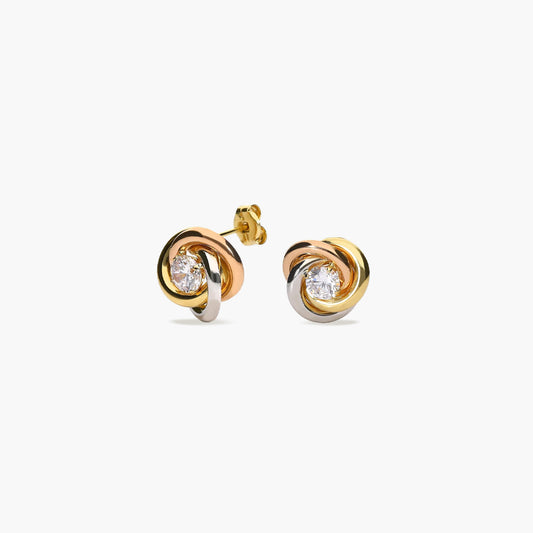 Pendientes nudo de oro bicolor 18K circonitas 12 mm